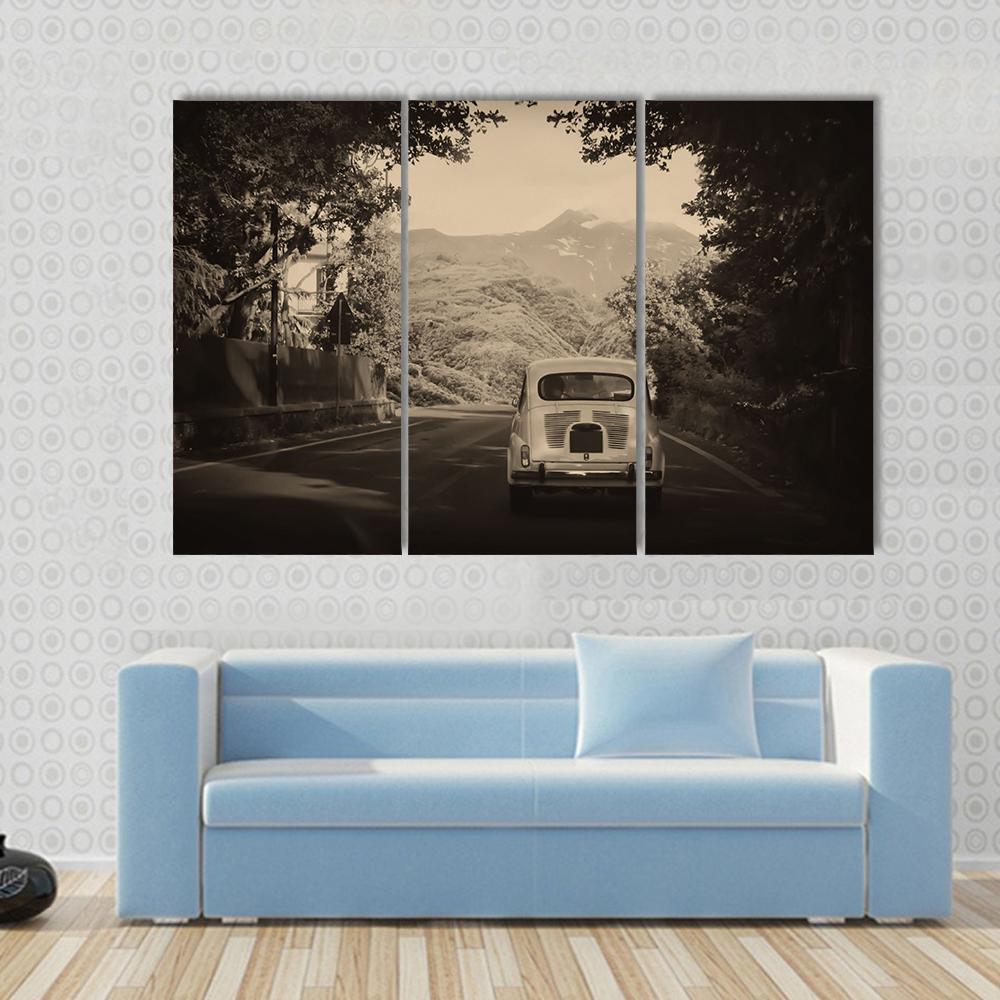 Sepia Photo Of A Retro car Going To Mountains Canvas Wall Art-3 Horizontal-Gallery Wrap-37" x 24"-Tiaracle