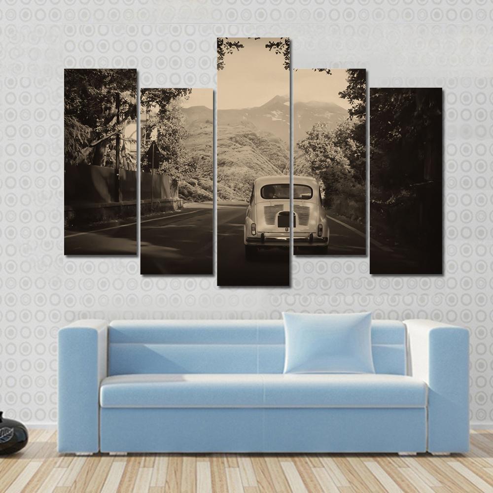 Sepia Photo Of A Retro car Going To Mountains Canvas Wall Art-5 Pop-Gallery Wrap-47" x 32"-Tiaracle
