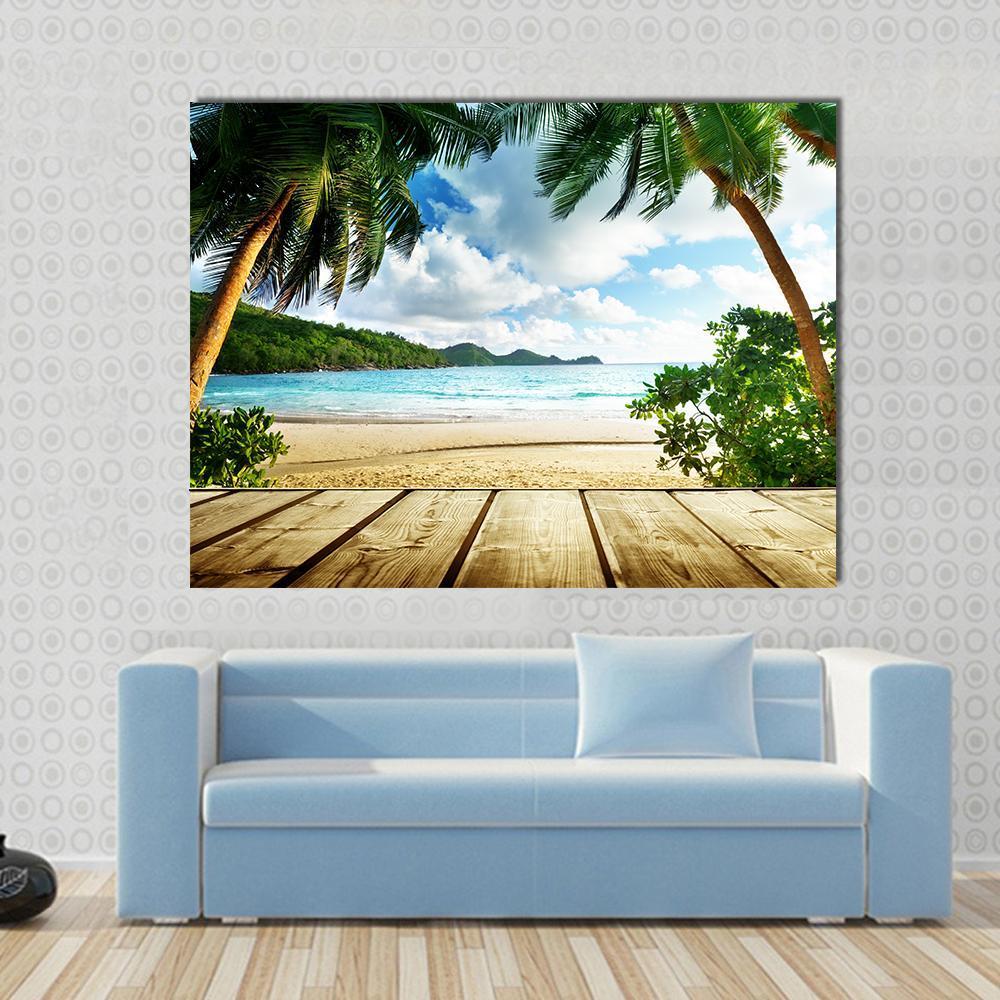 Seychelles Beach & Wooden Pier Canvas Wall Art-1 Piece-Gallery Wrap-36" x 24"-Tiaracle