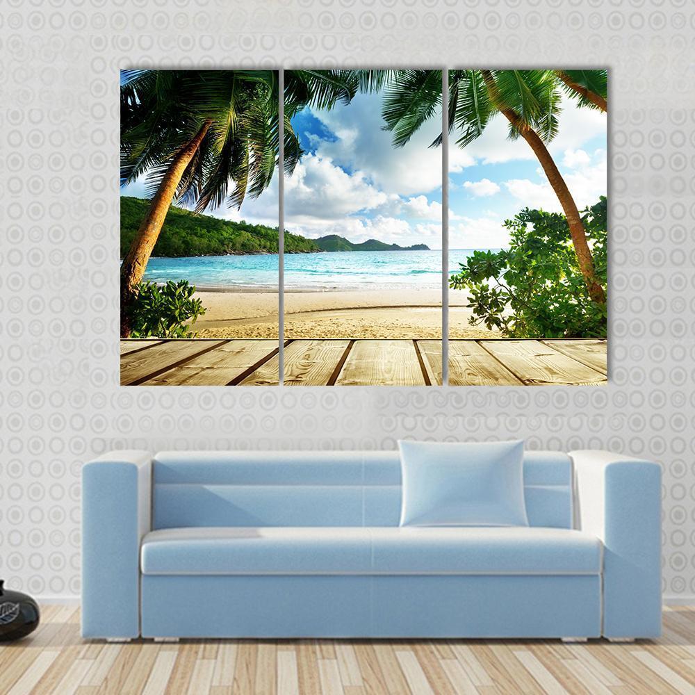 Seychelles Beach & Wooden Pier Canvas Wall Art-3 Horizontal-Gallery Wrap-37" x 24"-Tiaracle