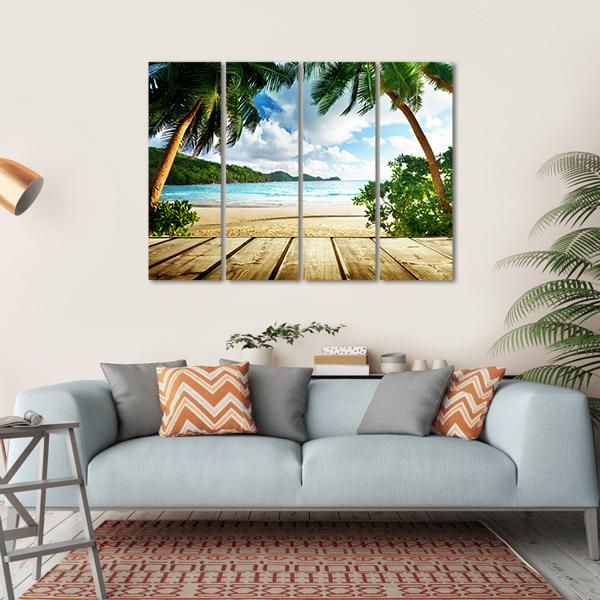 Seychelles Beach & Wooden Pier Canvas Wall Art-4 Horizontal-Gallery Wrap-34" x 24"-Tiaracle