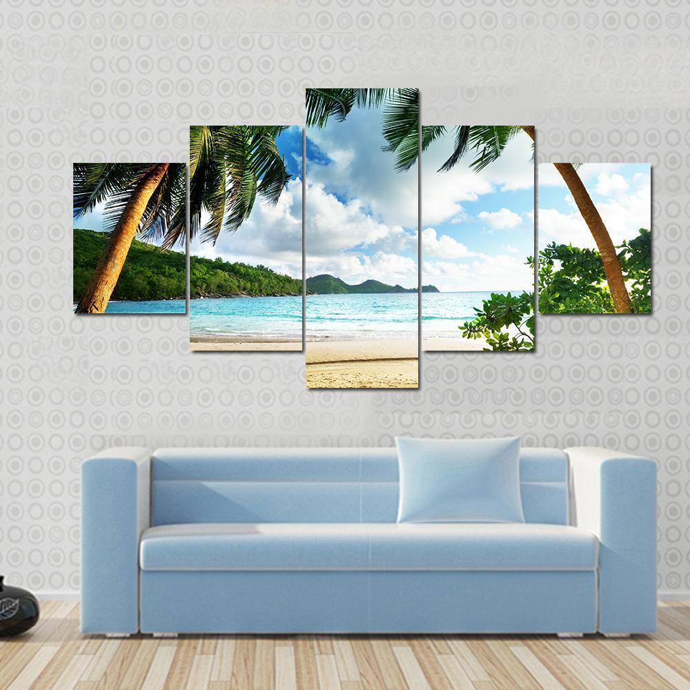 Seychelles Beach & Wooden Pier Canvas Wall Art-5 Star-Gallery Wrap-62" x 32"-Tiaracle