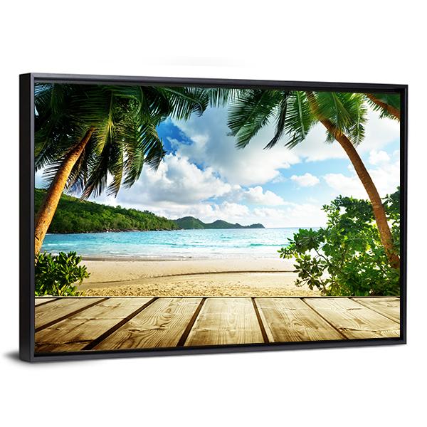 Seychelles Beach & Wooden Pier Canvas Wall Art-5 Horizontal-Gallery Wrap-22" x 12"-Tiaracle