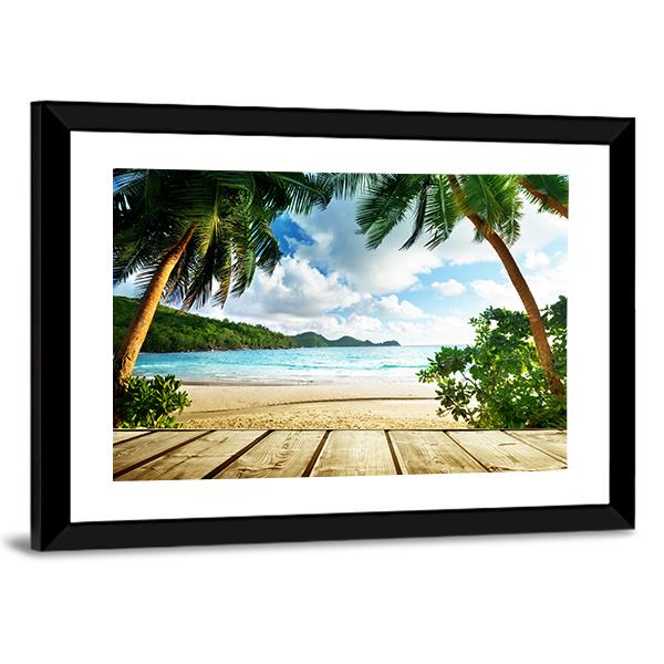 Seychelles Beach & Wooden Pier Canvas Wall Art-3 Horizontal-Gallery Wrap-25" x 16"-Tiaracle