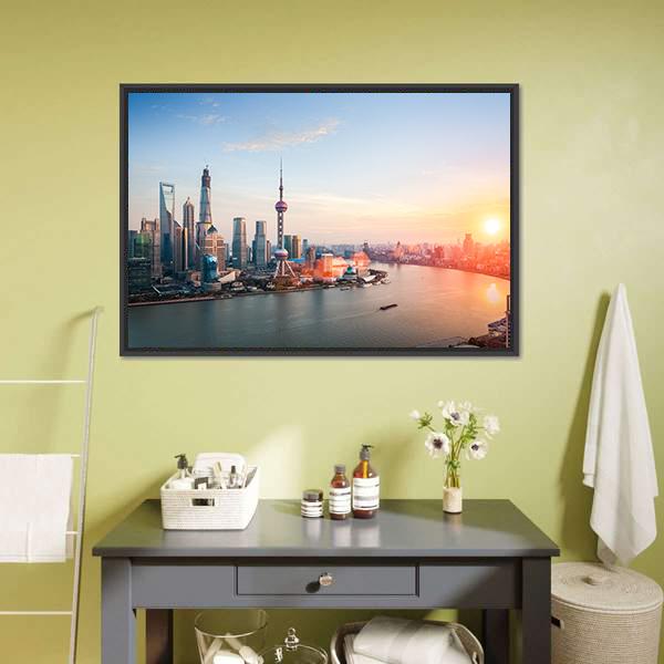 Shanghai At Dusk Canvas Wall Art-1 Piece-Floating Frame-24" x 16"-Tiaracle