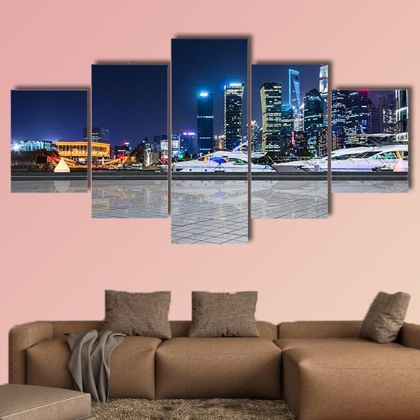 Shanghai At Night In China Canvas Wall Art-5 Star-Gallery Wrap-62" x 32"-Tiaracle