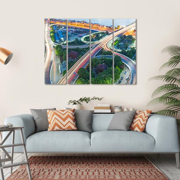 Shanghai Interchange Overpass In Nightfall Canvas Wall Art-4 Horizontal-Gallery Wrap-34" x 24"-Tiaracle