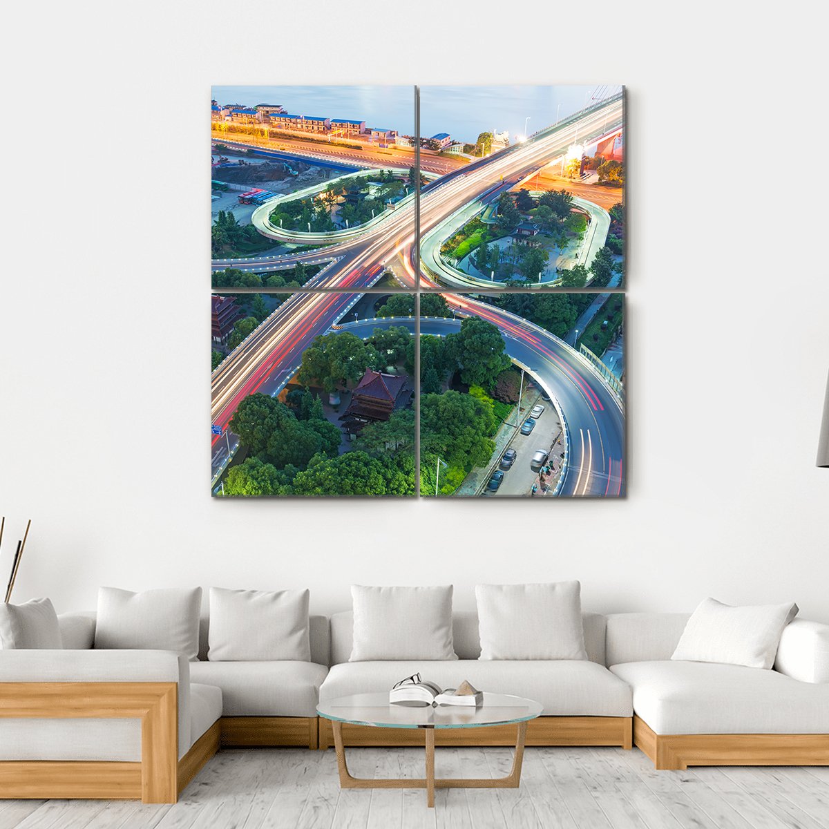 Shanghai Interchange Overpass In Nightfall Canvas Wall Art-4 Square-Gallery Wrap-17" x 17"-Tiaracle