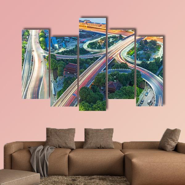Shanghai Interchange Overpass In Nightfall Canvas Wall Art-5 Pop-Gallery Wrap-47" x 32"-Tiaracle