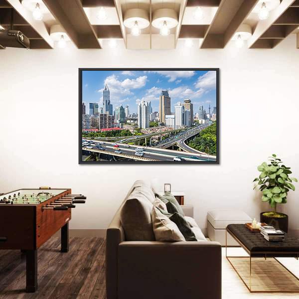 Shanghai Modern City Skyline Canvas Wall Art-5 Horizontal-Gallery Wrap-22" x 12"-Tiaracle