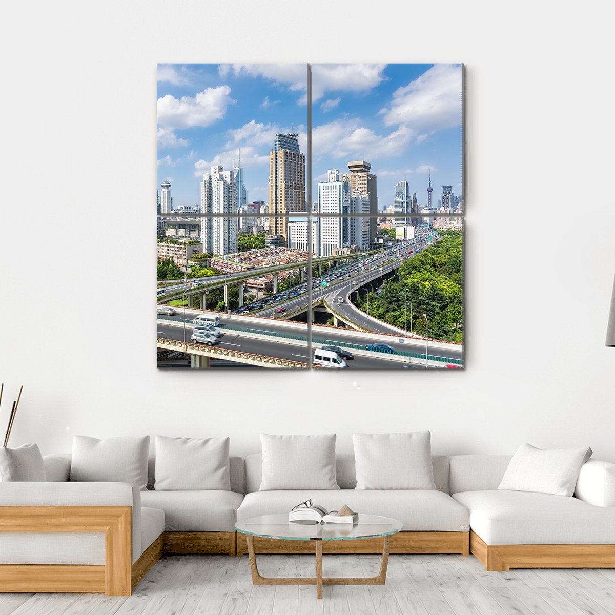 Shanghai Modern City Skyline Canvas Wall Art-4 Square-Gallery Wrap-17" x 17"-Tiaracle