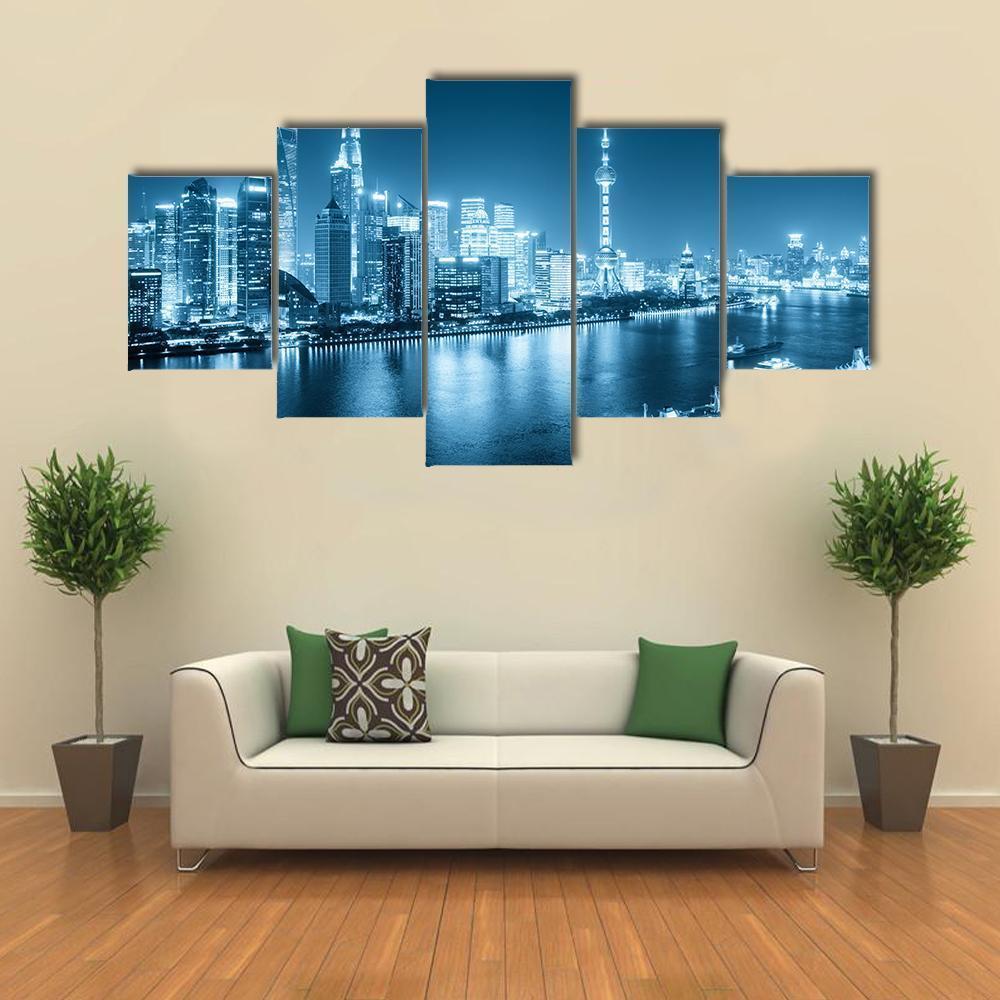 Shanghai Night Scene Canvas Wall Art-5 Star-Gallery Wrap-62" x 32"-Tiaracle
