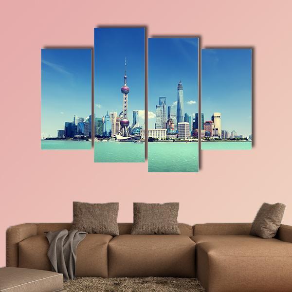 Shanghai Skyline And Sunny Day Canvas Wall Art-4 Pop-Gallery Wrap-50" x 32"-Tiaracle
