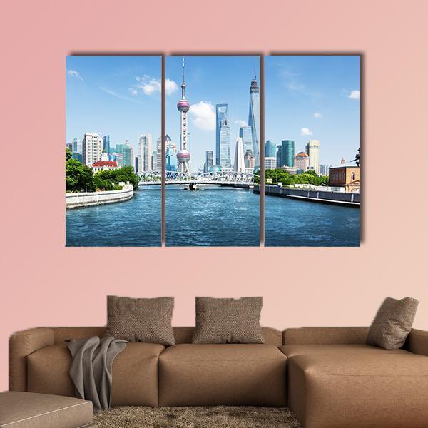 Shanghai Skyline In Sunny Day Canvas Wall Art-3 Horizontal-Gallery Wrap-25" x 16"-Tiaracle