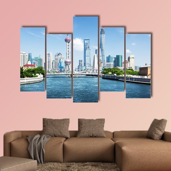 Shanghai Skyline In Sunny Day Canvas Wall Art-5 Pop-Gallery Wrap-47" x 32"-Tiaracle
