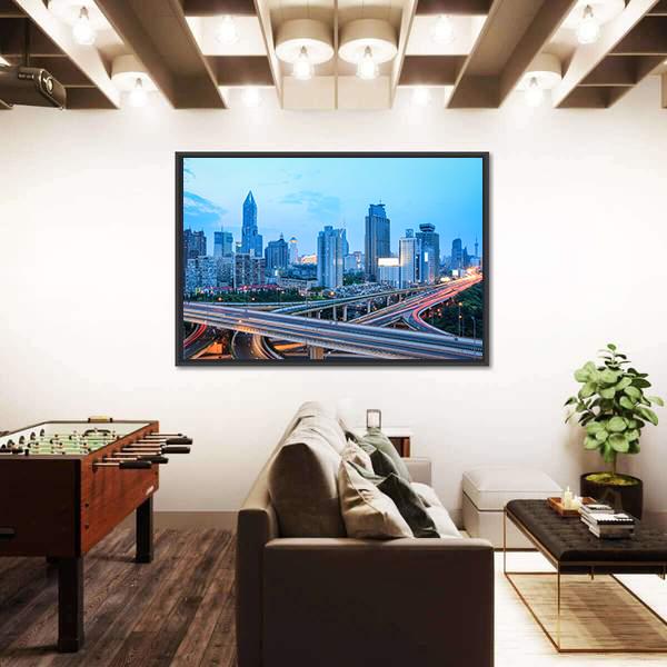 Shanghai Skyline With Highway Traffic At Dusk Canvas Wall Art-3 Horizontal-Gallery Wrap-25" x 16"-Tiaracle