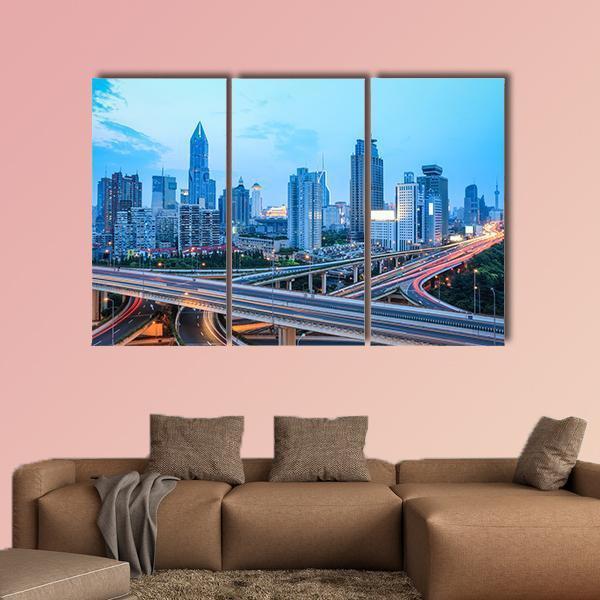 Shanghai Skyline With Highway Traffic At Dusk Canvas Wall Art-3 Horizontal-Gallery Wrap-37" x 24"-Tiaracle