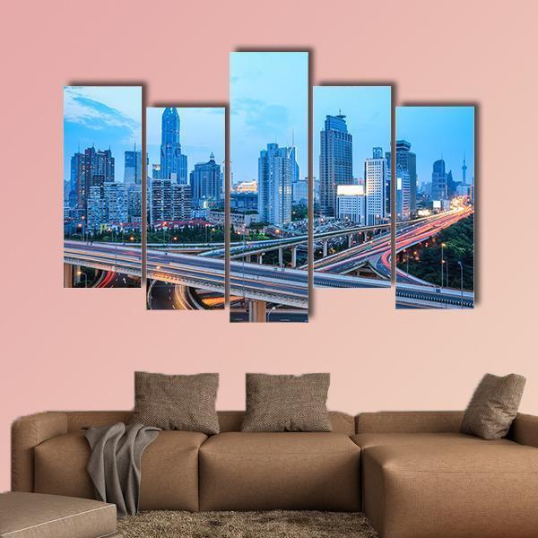 Shanghai Skyline With Highway Traffic At Dusk Canvas Wall Art-5 Pop-Gallery Wrap-47" x 32"-Tiaracle