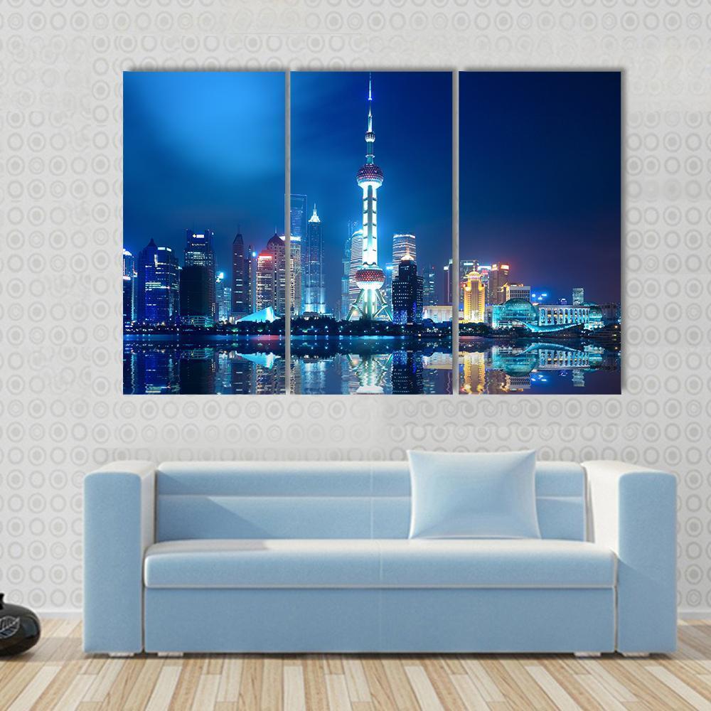 Shanghai Skyline With Reflection At Night Canvas Wall Art-3 Horizontal-Gallery Wrap-37" x 24"-Tiaracle