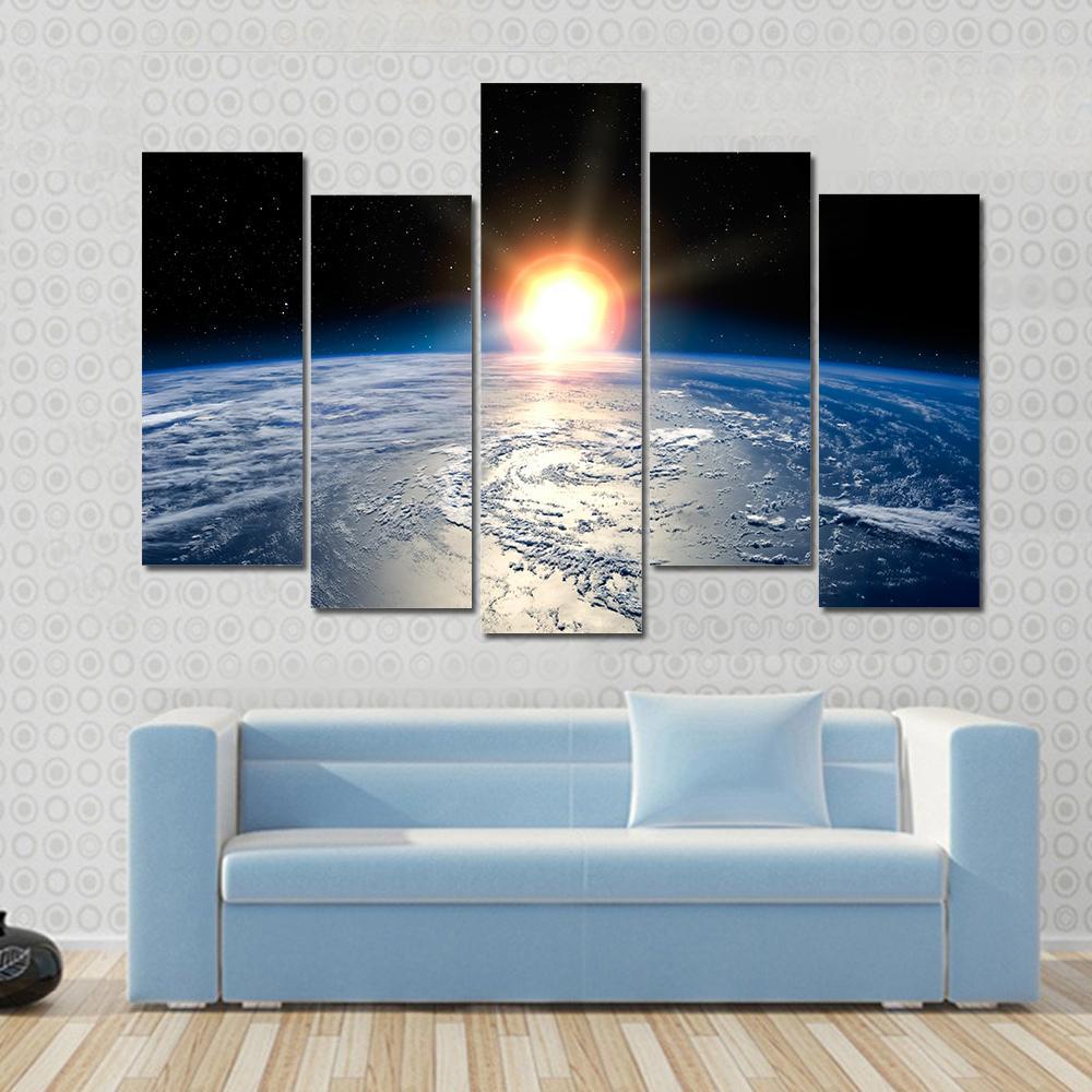 Shining Sun On Planet Earth Canvas Wall Art-5 Pop-Gallery Wrap-47" x 32"-Tiaracle