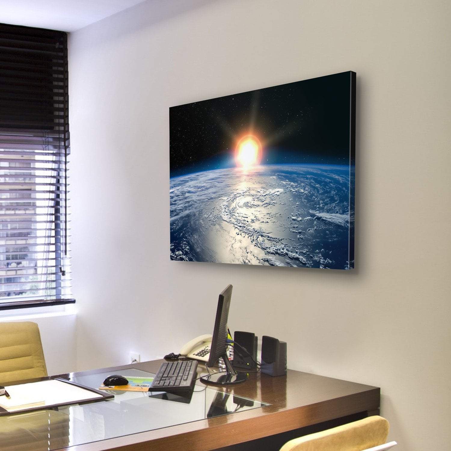 Shining Sun On Planet Earth Canvas Wall Art-5 Star-Gallery Wrap-62" x 32"-Tiaracle