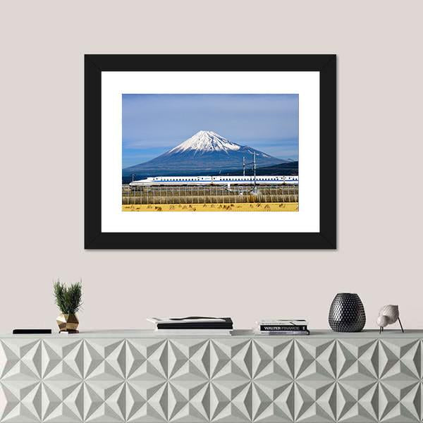 Shinkansen Bullet Train And Mt Fuji Canvas Wall Art-1 Piece-Framed Print-20" x 16"-Tiaracle