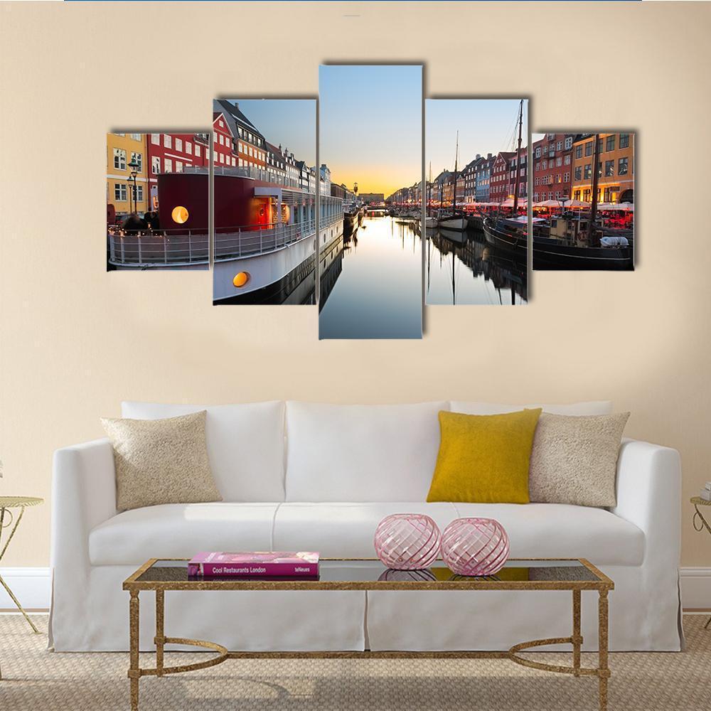 Ships In Nyhavn At Sunset In Copenhagen Canvas Wall Art-5 Star-Gallery Wrap-62" x 32"-Tiaracle