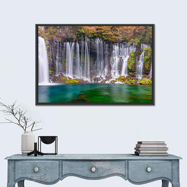 Shiraito Waterfalls Canvas Wall Art-1 Piece-Floating Frame-24" x 16"-Tiaracle