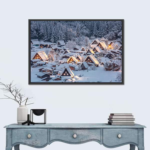Shirakawago Light-Up With Snow Fall Canvas Wall Art-1 Piece-Floating Frame-24" x 16"-Tiaracle