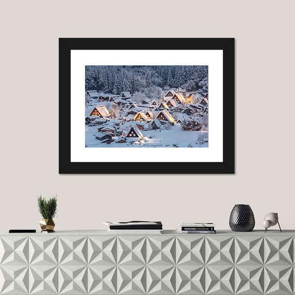 Shirakawago Light-Up With Snow Fall Canvas Wall Art-1 Piece-Framed Print-20" x 16"-Tiaracle
