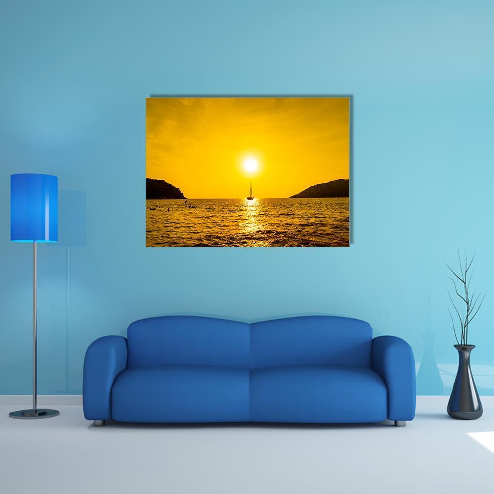 Silhouette Boat In Sea Canvas Wall Art-1 Piece-Gallery Wrap-48" x 32"-Tiaracle
