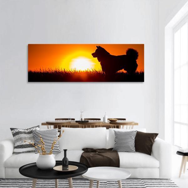 Silhouette Of A Dog At Golden Sunset Panoramic Canvas Wall Art-1 Piece-36" x 12"-Tiaracle