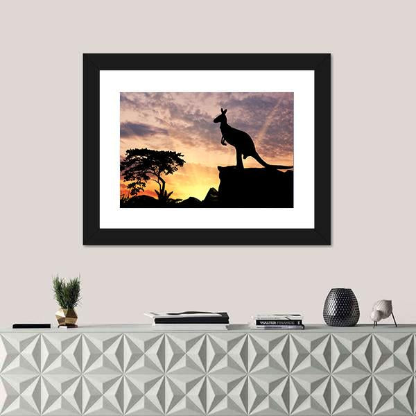 Silhouette Of A Kangaroo On A Hill At Sunset Canvas Wall Art-1 Piece-Framed Print-20" x 16"-Tiaracle