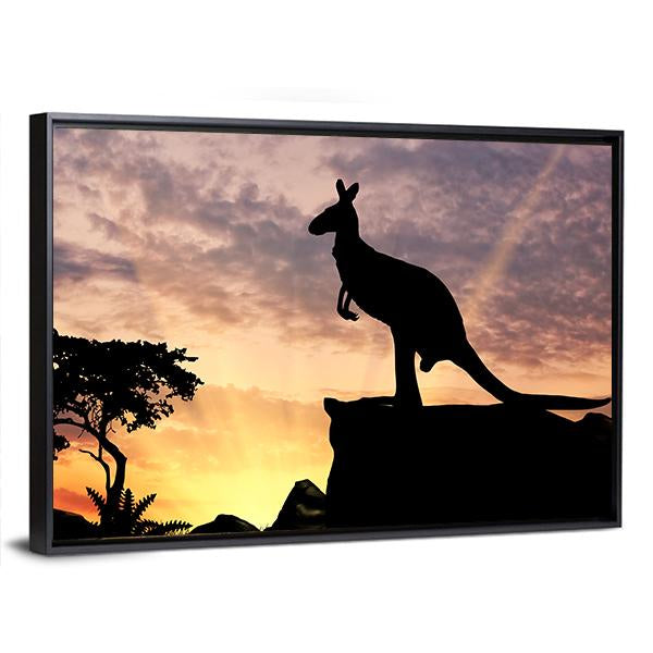 Silhouette Of A Kangaroo On A Hill At Sunset Canvas Wall Art-3 Horizontal-Gallery Wrap-25" x 16"-Tiaracle