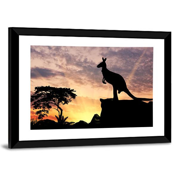 Silhouette Of A Kangaroo On A Hill At Sunset Canvas Wall Art-3 Horizontal-Gallery Wrap-25" x 16"-Tiaracle