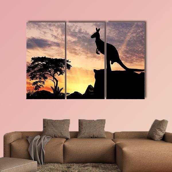 Silhouette Of A Kangaroo On A Hill At Sunset Canvas Wall Art-3 Horizontal-Gallery Wrap-37" x 24"-Tiaracle