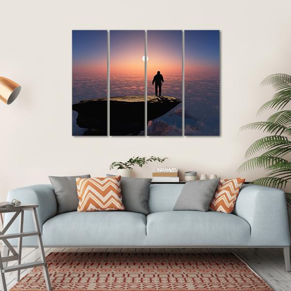 Silhouette Of A Man On A Rock Canvas Wall Art-4 Horizontal-Gallery Wrap-34" x 24"-Tiaracle