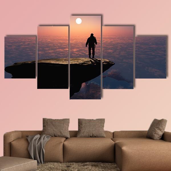 Silhouette Of A Man On A Rock Canvas Wall Art-5 Star-Gallery Wrap-62" x 32"-Tiaracle