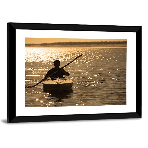 Silhouette Of A Man Rowing In The Canoe Canvas Wall Art-5 Horizontal-Gallery Wrap-22" x 12"-Tiaracle