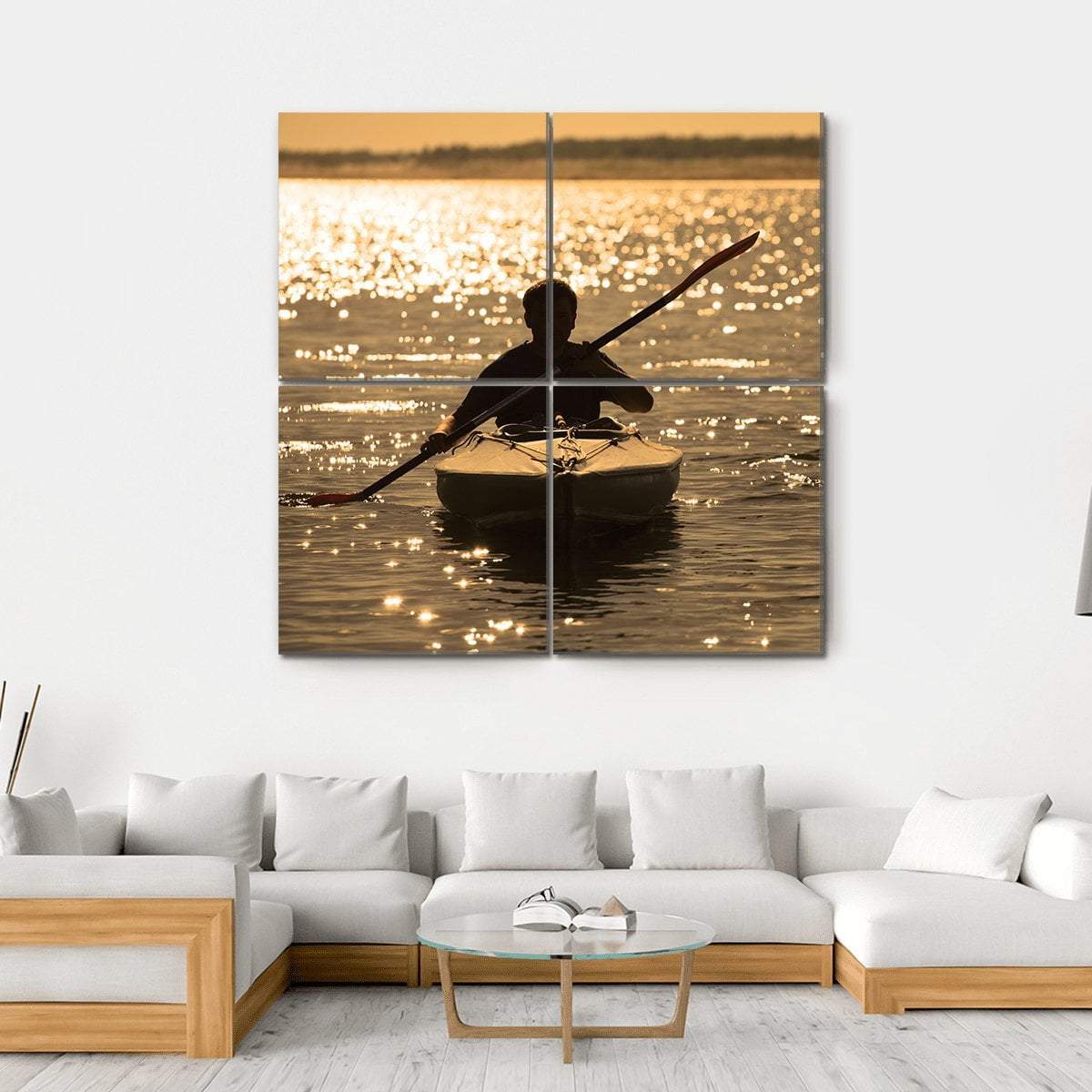 Silhouette Of A Man Rowing In The Canoe Canvas Wall Art-4 Square-Gallery Wrap-17" x 17"-Tiaracle
