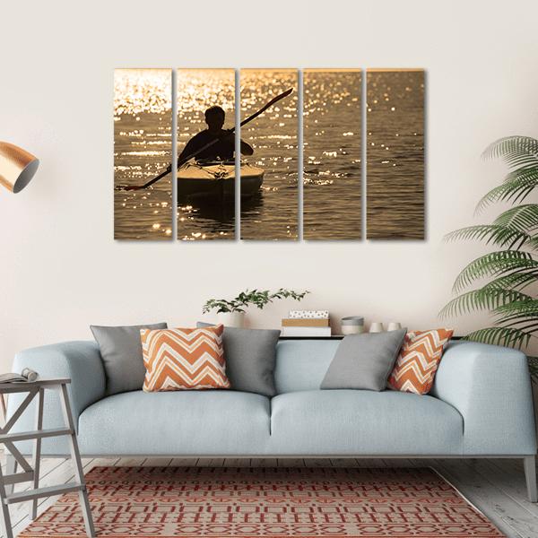 Silhouette Of A Man Rowing In The Canoe Canvas Wall Art-5 Horizontal-Gallery Wrap-22" x 12"-Tiaracle