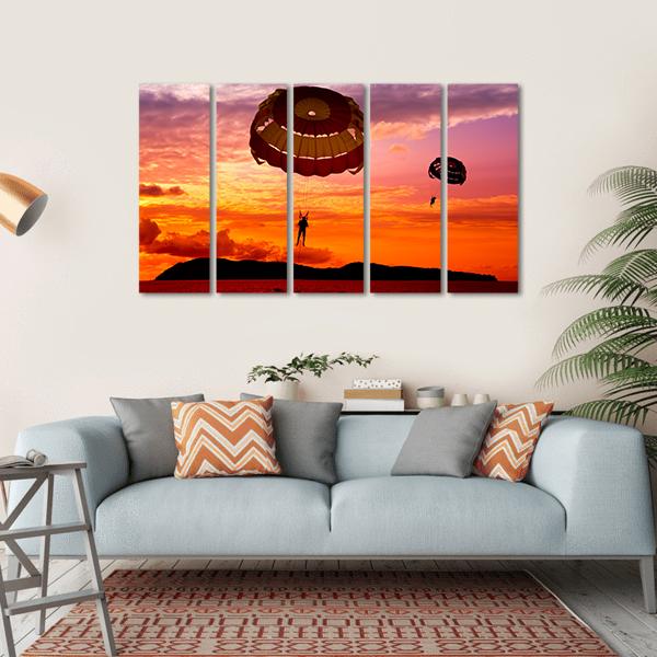 Silhouette Of A Para-Sailors At Sunset Canvas Wall Art-5 Horizontal-Gallery Wrap-22" x 12"-Tiaracle