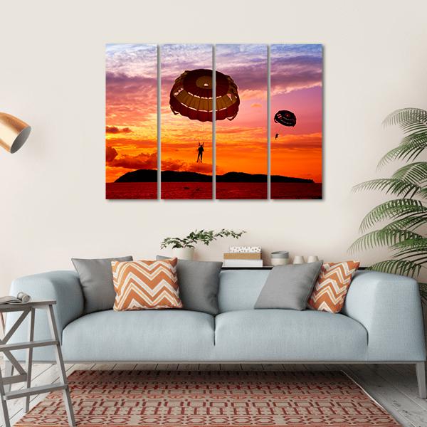 Silhouette Of A Para-Sailors At Sunset Canvas Wall Art-4 Horizontal-Gallery Wrap-34" x 24"-Tiaracle