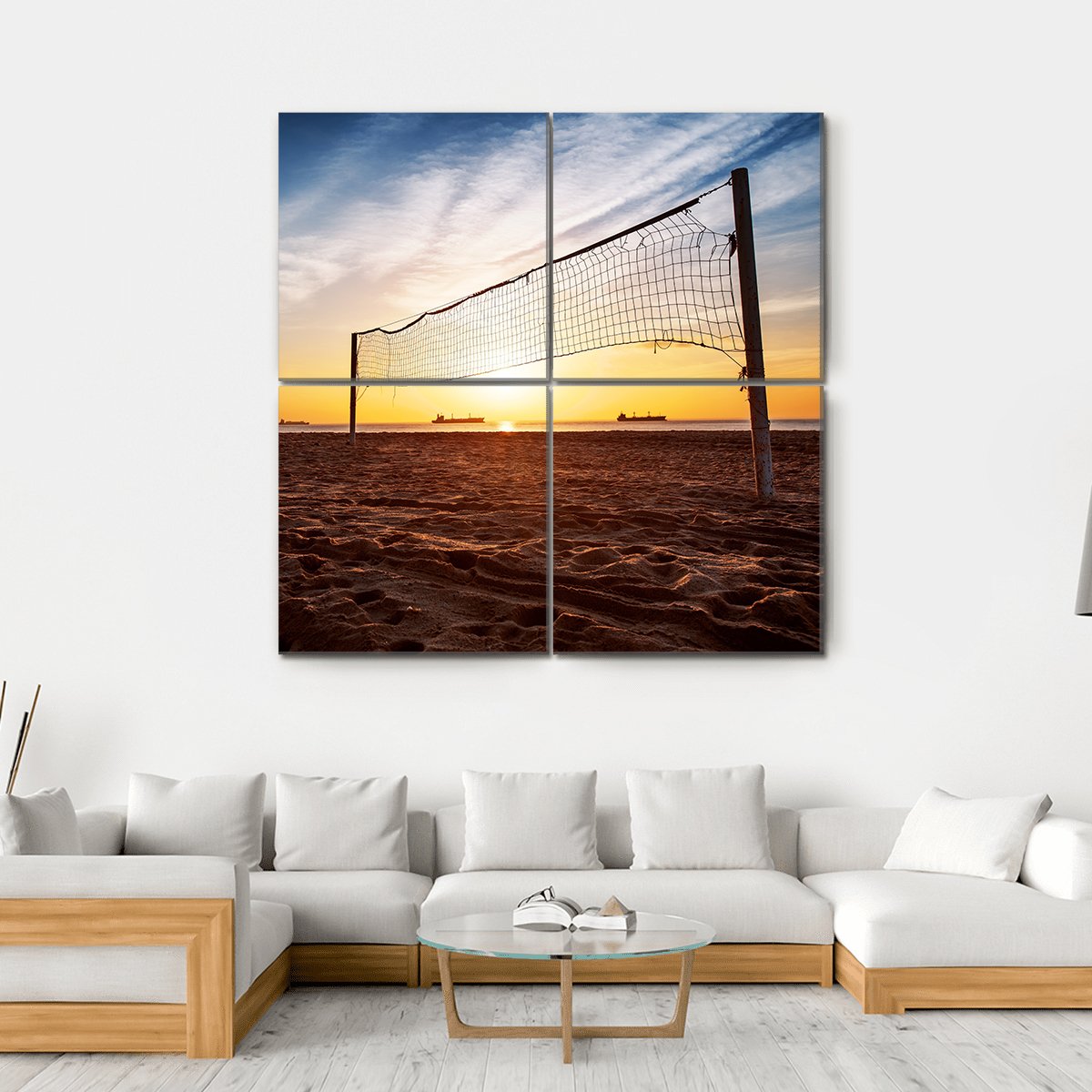 Volleyball Net On The Beach At Sunset Canvas Wall Art-4 Square-Gallery Wrap-17" x 17"-Tiaracle