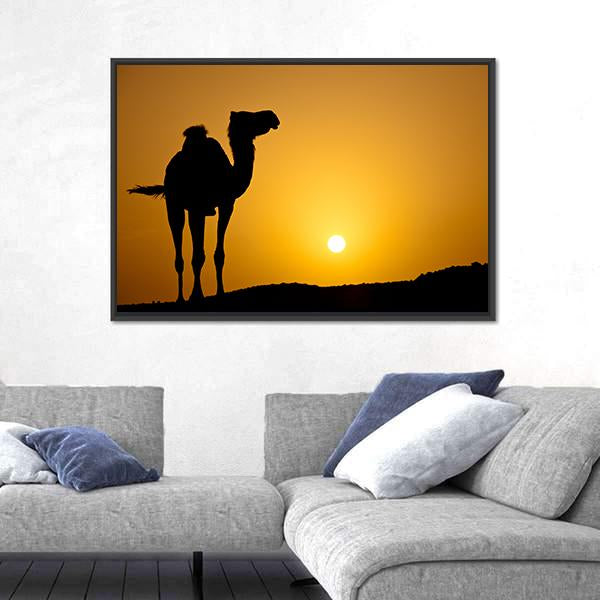 Silhouette Of A Wild Camel At Sunset Canvas Wall Art-3 Horizontal-Gallery Wrap-25" x 16"-Tiaracle