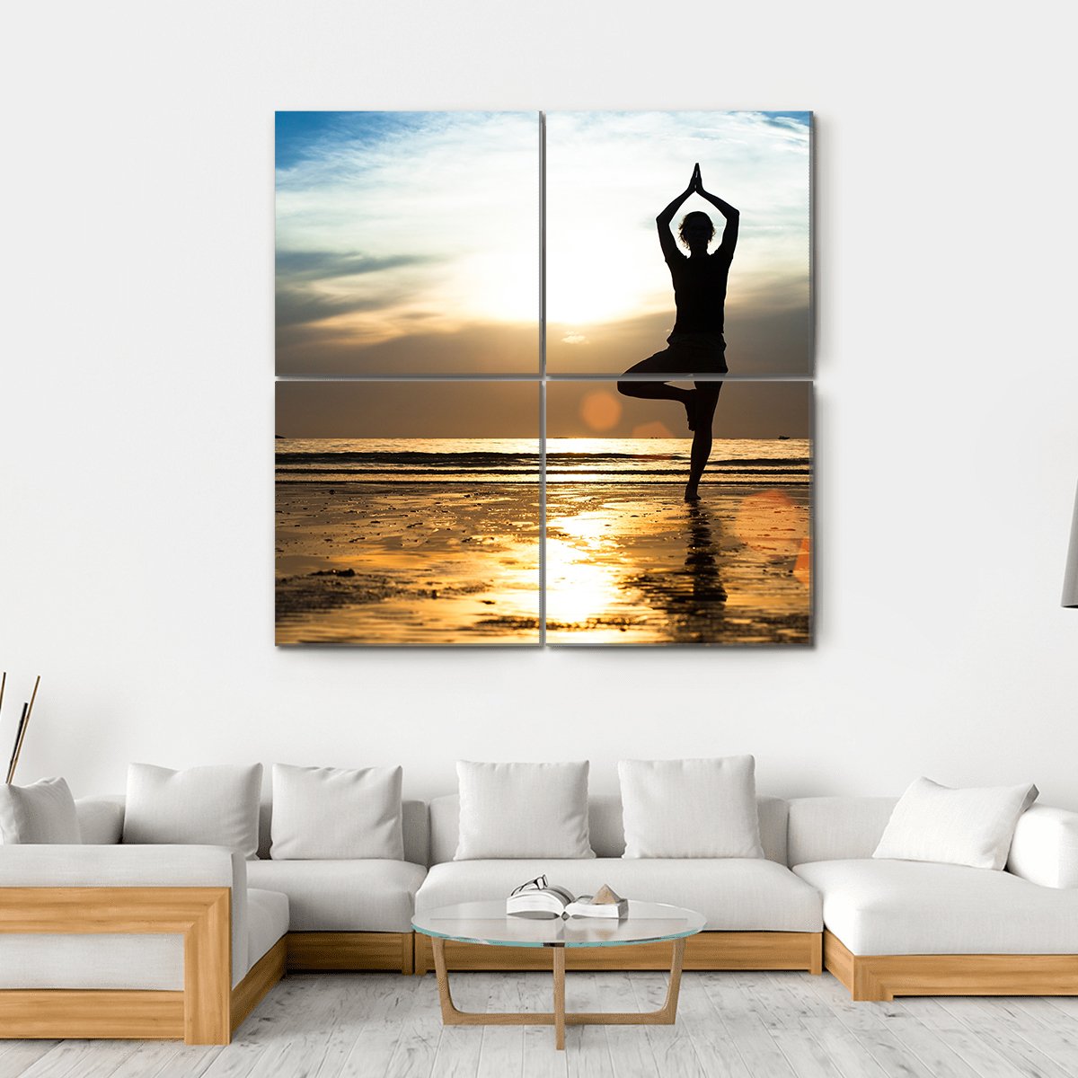 Woman Practicing Yoga On Beach Canvas Wall Art-4 Square-Gallery Wrap-17" x 17"-Tiaracle