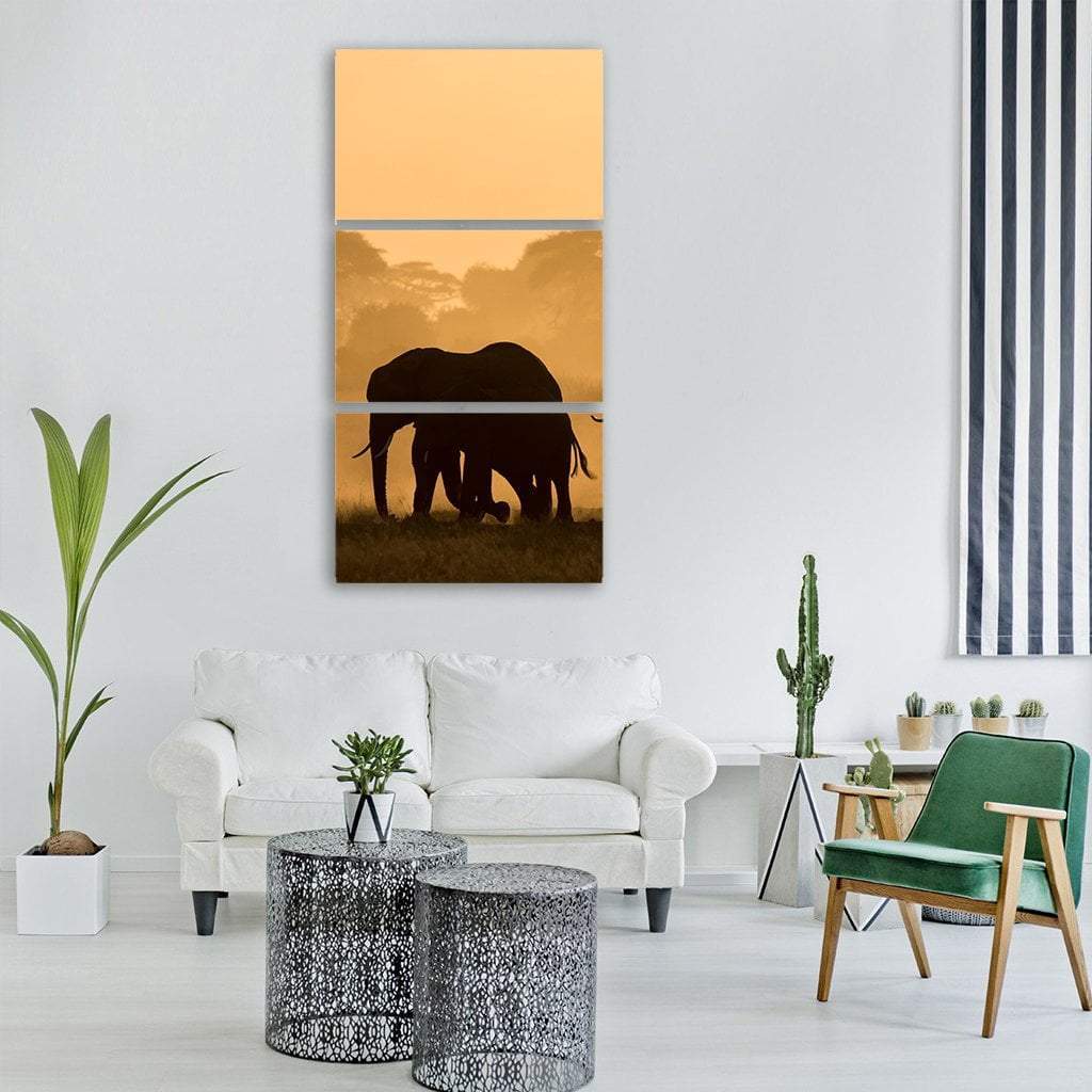 Silhouette Of Elephant Vertical Canvas Wall Art-3 Vertical-Gallery Wrap-12" x 25"-Tiaracle