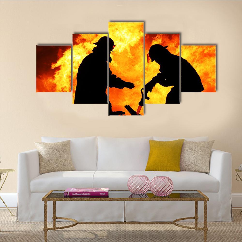Silhouette Of Firemen Canvas Wall Art-5 Star-Gallery Wrap-62" x 32"-Tiaracle