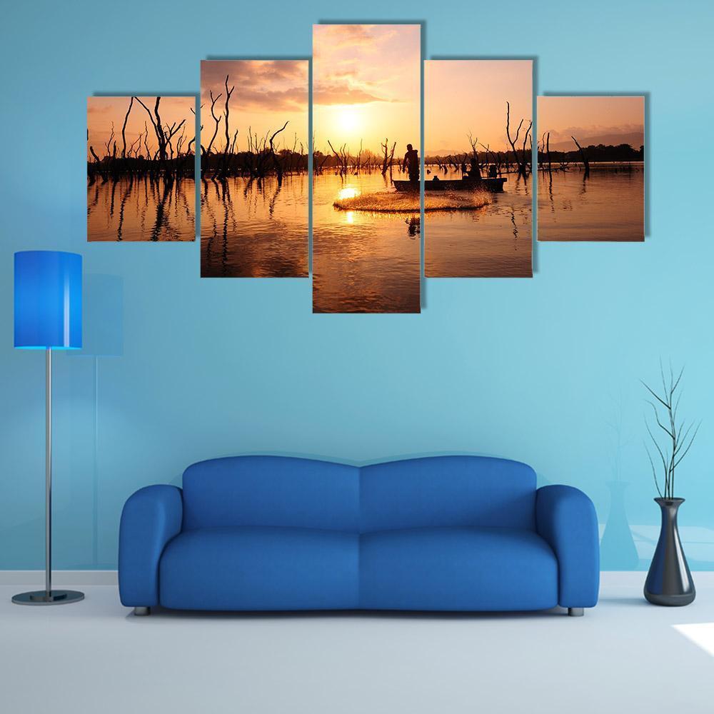 Silhouette Of Fisherman Canvas Wall Art-5 Star-Gallery Wrap-62" x 32"-Tiaracle
