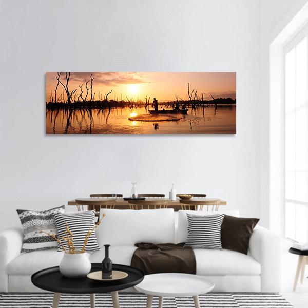 Silhouette Of Fisherman Panoramic Canvas Wall Art-1 Piece-36" x 12"-Tiaracle